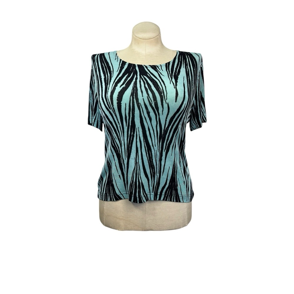 Women's Softwear By Mark Singer Green Zebra Print‎ Short Sleeve Top M USA Made